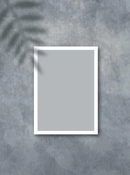 Poster mockup with a white frame and a palm leaf shadow on a gray stone wall Stock Illustration