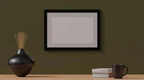 Poster mockup, wooden frame on a plain dark green wall. 3D rendering wooden f Stock Illustration