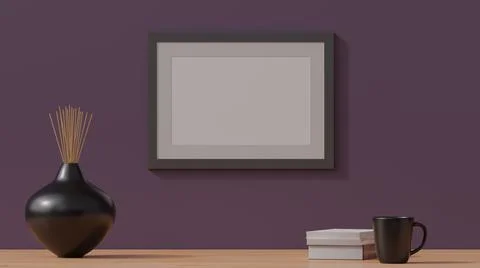 Poster mockup, wooden frame on a plain colorful wall. 3D rendering Stock Illustration