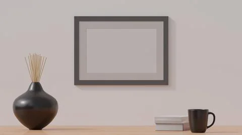 Poster mockup, wooden frame on a plain white wall. 3D rendering Stock Illustration