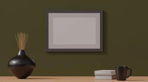 Poster mockup, wooden frame on a plain dark green wall. 3D rendering Stock Illustration