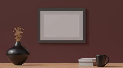 Poster mockup, wooden frame on a plain colorful wall. 3D rendering Stock Illustration