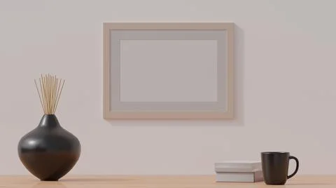 Poster mockup, wooden frame on a plain white wall. 3D rendering Stock Illustration