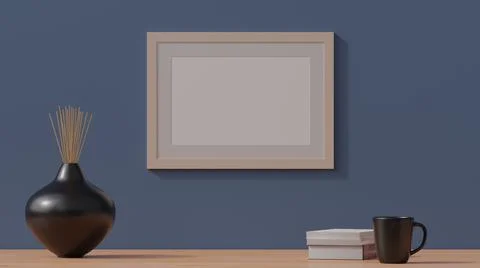 Poster mockup, wooden frame on a plain colorful wall. 3D rendering Stock Illustration