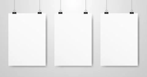 Poster mockups set. White A4 hanging on a light wall. Vertical template with Stock Illustration