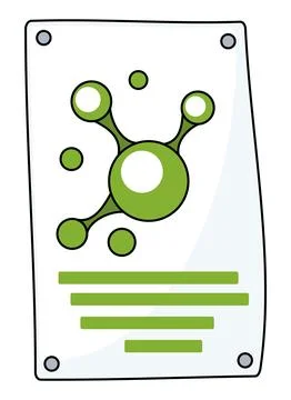 Poster with molecula, drawing icon of sheet of paper nailed from sides to wall Stock Illustration