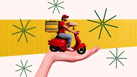 Poster motion trend collage video of happy man courier ride moped carry pizza Stock Footage 311504068