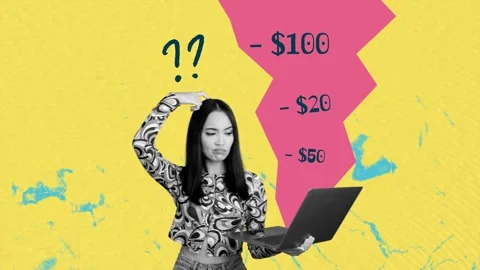 Poster motion trend collage video of upset girl hold laptop loss dollar minus Stock Footage 311504166