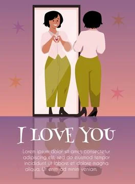 Poster or vertical banner with smiling woman shows heart gesture to reflection Illustrazione stock