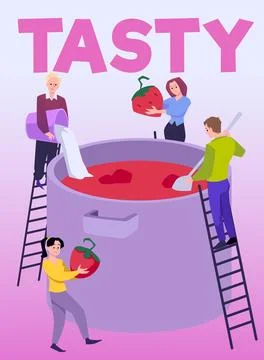 Poster or vertical banner with tiny people cooking jam in huge pot Stock Illustration