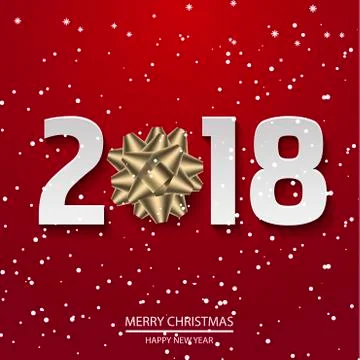 Poster with paper text 2018 and gold bow on red snowed background. Vector Stock Illustration