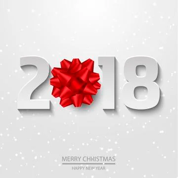 Poster with paper text 2018 and bow on white snowed background. Vector. Stock Illustration