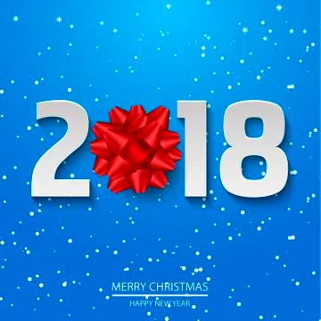 Poster with paper text 2018 and bow on blue snowed background. Vector Stock Illustration