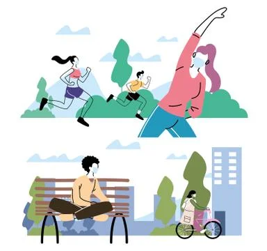 Poster people doing physical activity outdoors at the park Ilustración de archivo