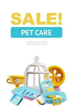 A poster of a pet store made in vector 3D format of essential pet care products. Illustrazione stock