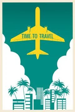 Poster Plane in the sky, take-off, palms, hotels. Time to Travel Vintage Summer Stock Illustration