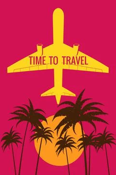 Poster Plane in the sky, take-off, palms, suncet. Vintage Summer Holiday poster Stock Illustration