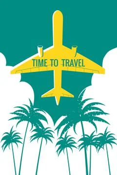 Poster Plane in the sky, take-off, palms, suncet. Vintage Summer Holiday poster Stock Illustration