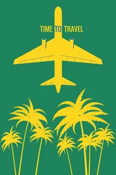 Poster Plane in the sky, take-off, palms, suncet. Vintage Summer Holiday poster Stock Illustration