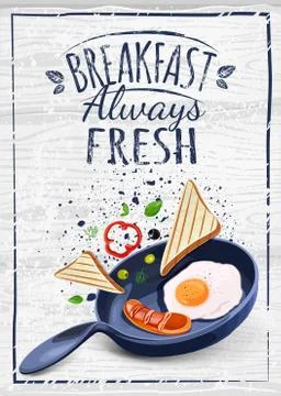 Poster with plates of fried and scrambled eggs on white background Stock Illustration