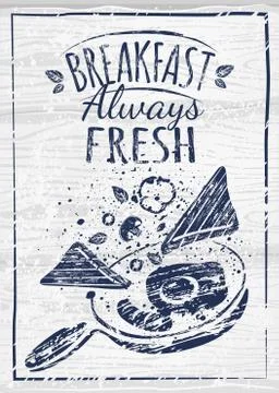 Poster with plates of fried and scrambled eggs on white background Stock Illustration