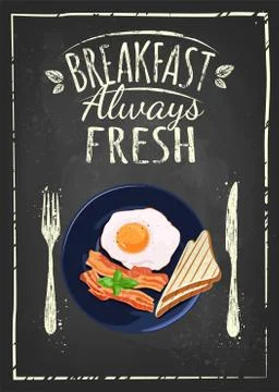 Poster with plates of fried and scrambled eggs on white background Stock Illustration
