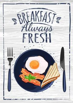 Poster with plates of fried and scrambled eggs on white background Stock Illustration