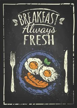 Poster with plates of fried and scrambled eggs on white background Stock Illustration