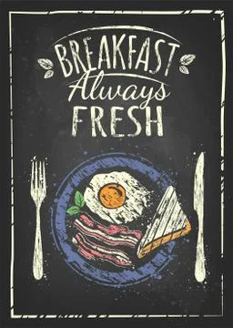 Poster with plates of fried and scrambled eggs on white background Stock Illustration