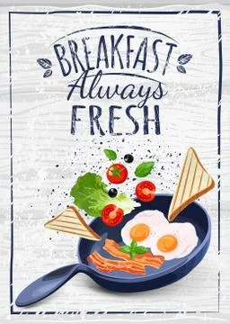 Poster with plates of fried and scrambled eggs on white background Stock Illustration
