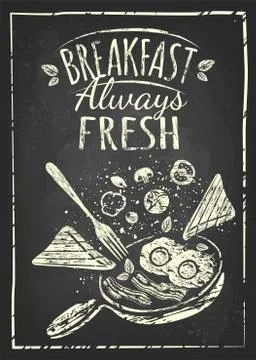 Poster with plates of fried and scrambled eggs on white background Stock Illustration