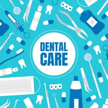 Poster with professional dentist tools. Tooth care equipment. Flat vector Stock Illustration
