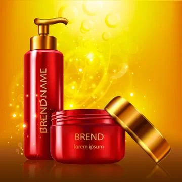 Poster in realistic style with red plastic cosmetic containers with golden caps Stock-Illustration
