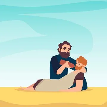 Poster with scene of bible parable about good samaritan salvation of injured man Illustration