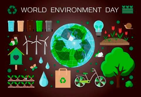 Poster with a set of items for world environment day. Flat vector illustration Stock Illustration