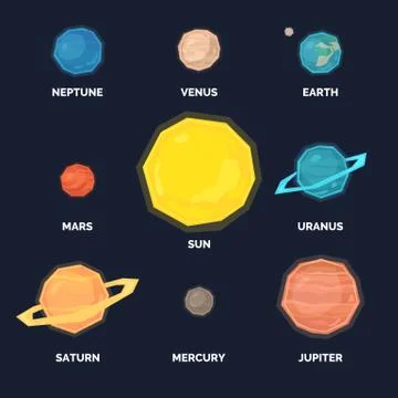 A poster with a set of planets of the solar system on a black background. Stock Illustration