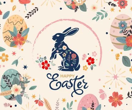 Poster with silhouettes of rabbits, spring flowers and colored eggs. Vector.. Illustrazione stock