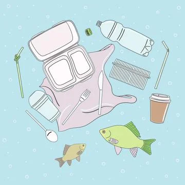 Poster of single-use plastics float in the water with fish. Prevention of wat Stock Illustration