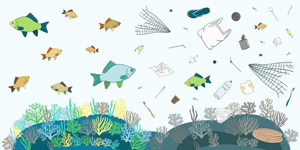Poster of single-use plastics float in the water with fish. Prevention of wat Stock Illustration