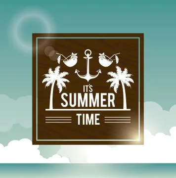 Poster sky ocean landscape of logo text summer time with palms and anchor Stock Illustration