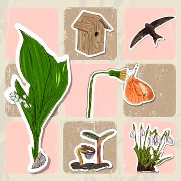 Poster with spring elements fiowers, birds. Stock Illustration