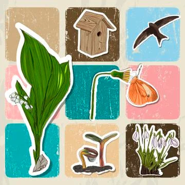 Poster with spring elements fiowers, birds. Stock Illustration