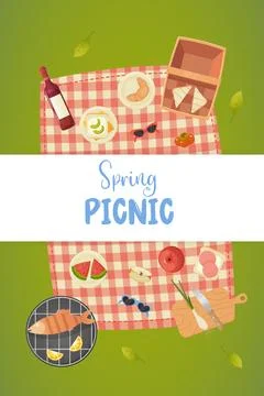 Poster spring picnic, green grass, picnic basket, outdoor food. vector illu.. Stock Illustration