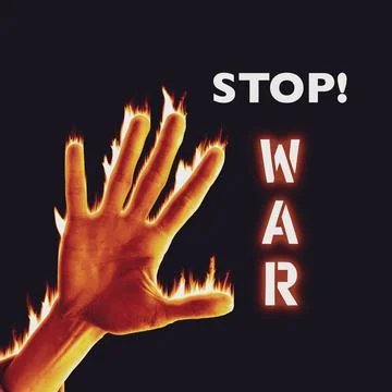 Poster stop war hand on fire Stockfoto's
