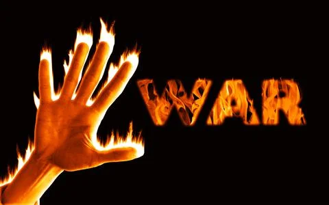 Poster stop war hand on fire Stockfoto's