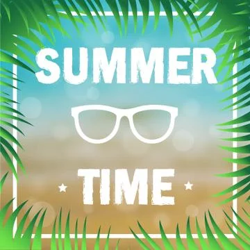 Poster summer time decorated with palm branches, beach and sea Stock Illustration