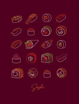 Poster sushi type set line style neon burgundy color Stock-Illustration