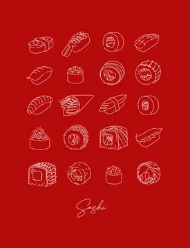 Poster sushi type set line style red Stock Illustration