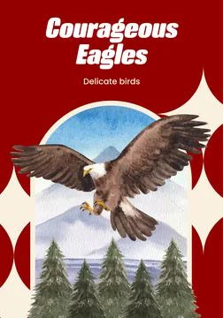 Poster template with bald eagle concept,watercolor style. Stock Illustration