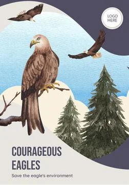 Poster template with bald eagle concept,watercolor style. Illustrazione stock